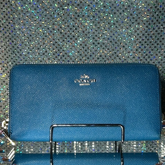 Coach Teal Wallet with Silver Accents Approx. 8” x 4” - Picture 1 of 17